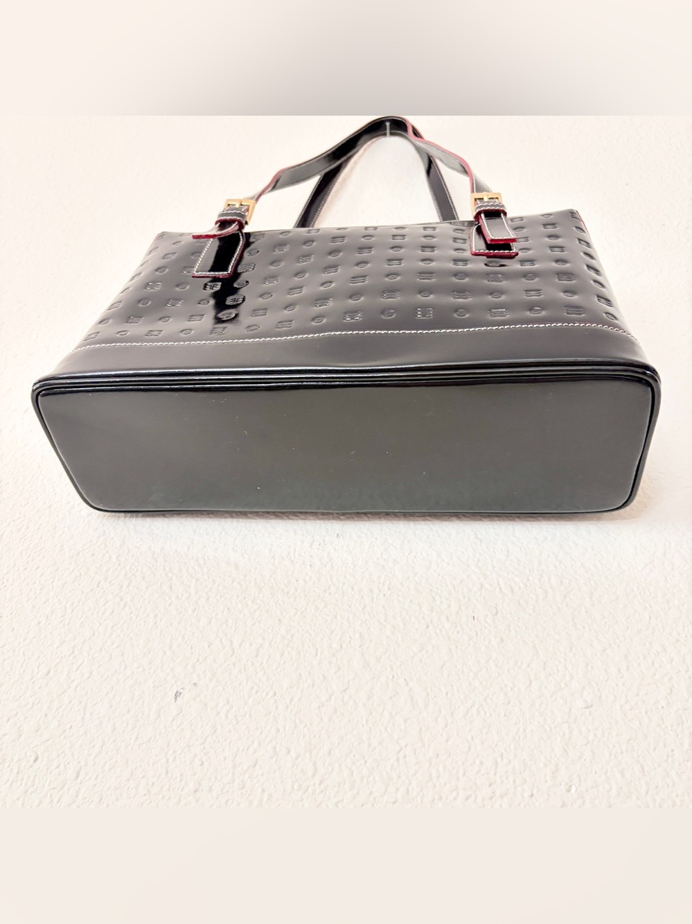 Arcadia Black Patent Embossed Leather Shoulder Bag with Red Trim Made in Italy - Picture 5 of 6